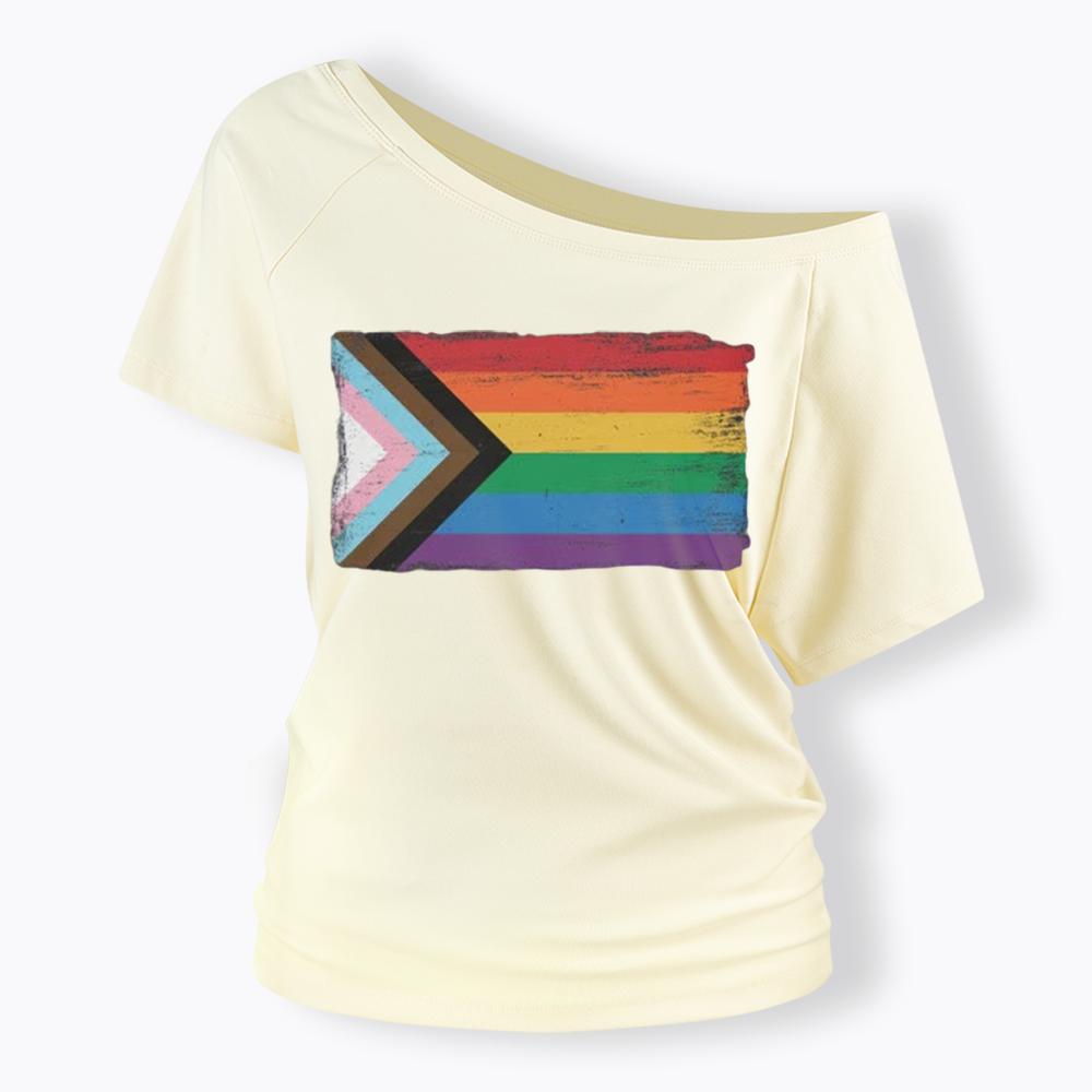Progress Pride Flag Off Shoulder T-shirt