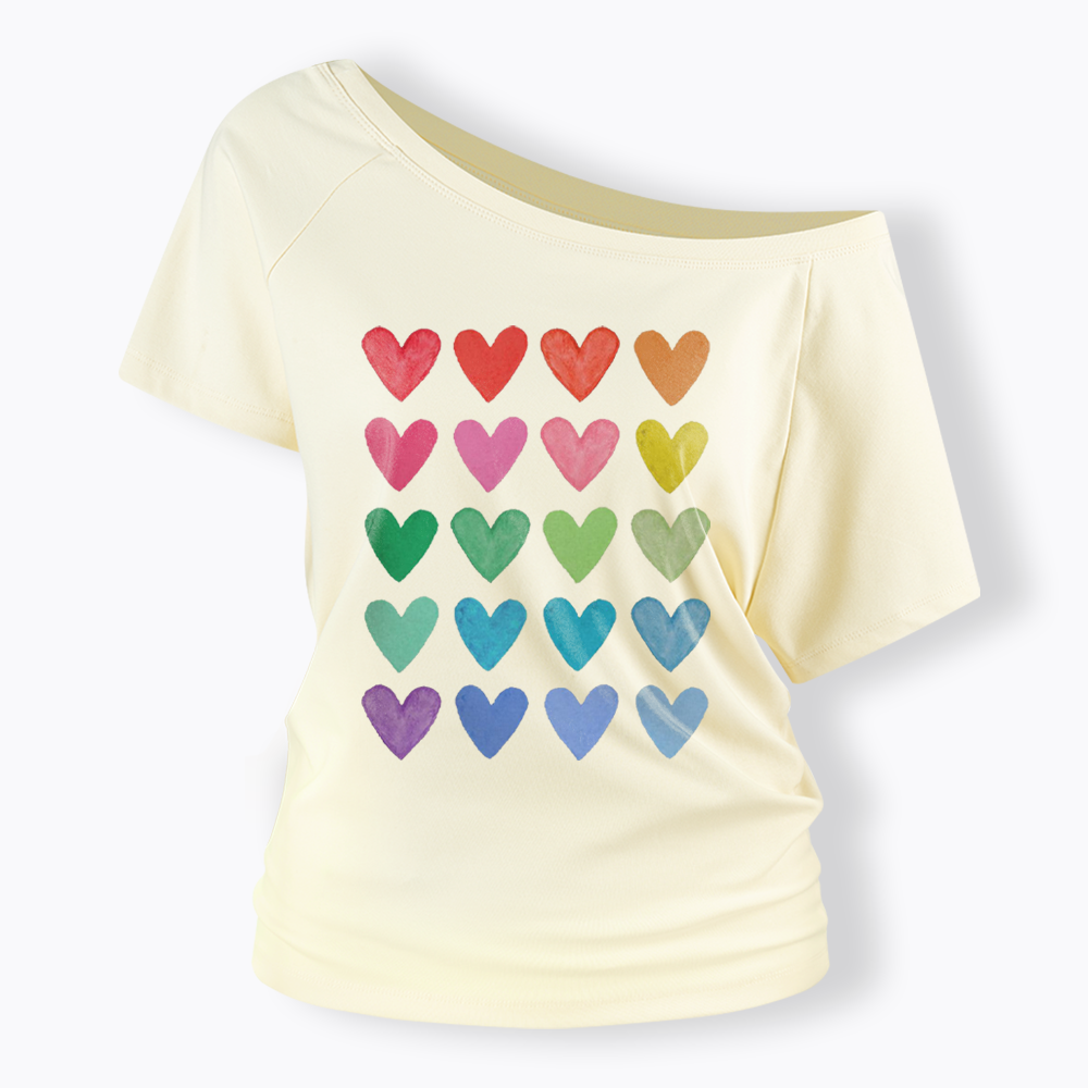 Rainbow Hearts Off Shoulder T-shirt