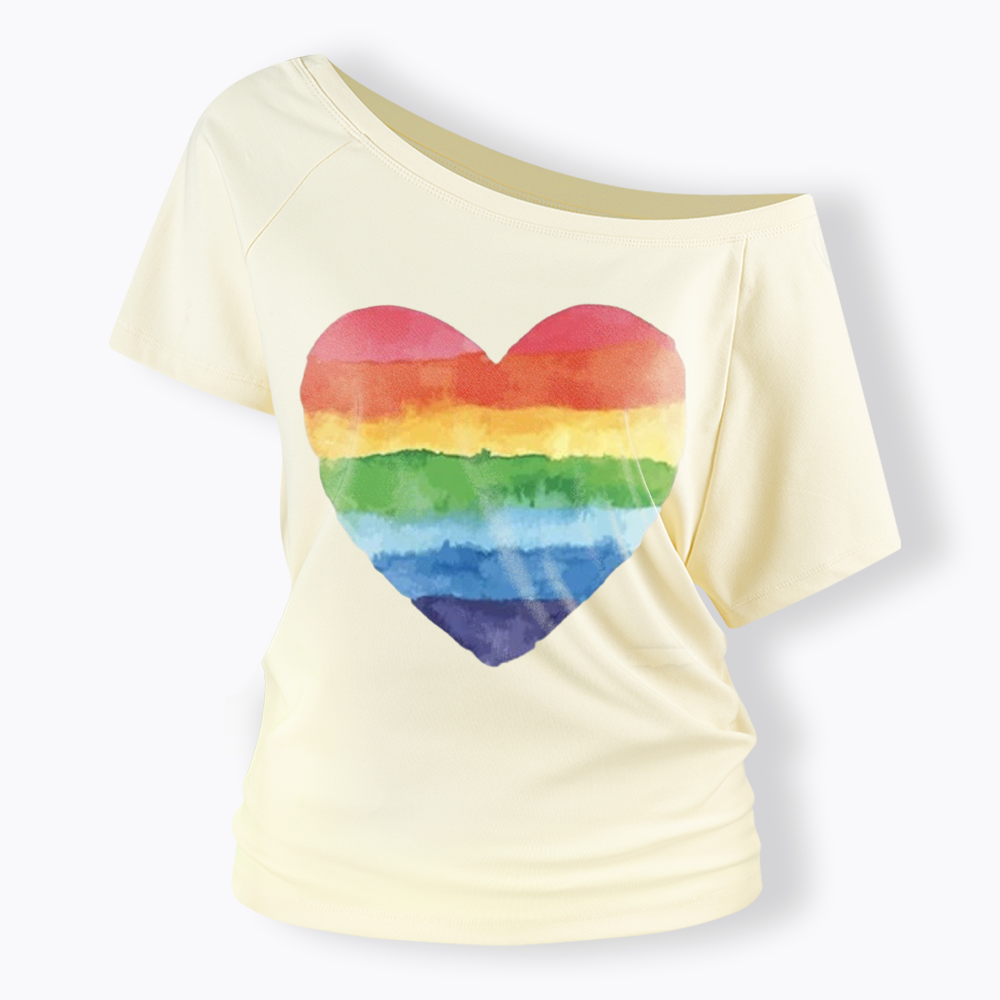 Watercolor Rainbow Heart Off Shoulder T-shirt