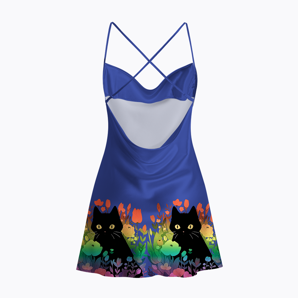 Rainbow Cat with Flowers Satin Cross Back Mini Dresses