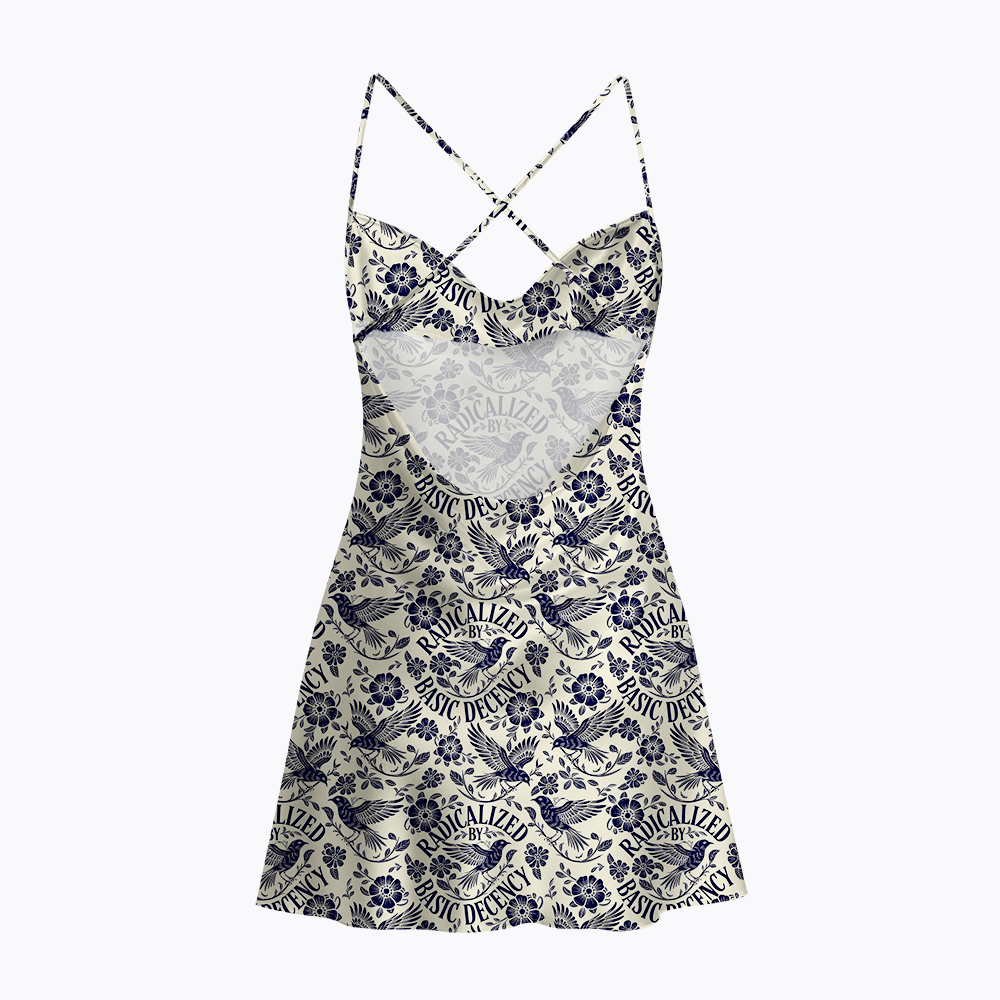 Be Kind to All Kinds Floral Bird Satin Cross Back Mini Dresses