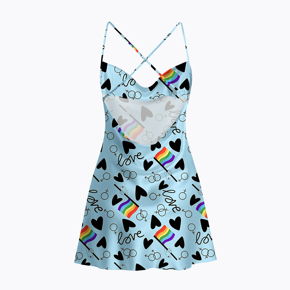 Rainbow Flag & Heart LGBTQ+ Satin Cross Back Mini Dresses