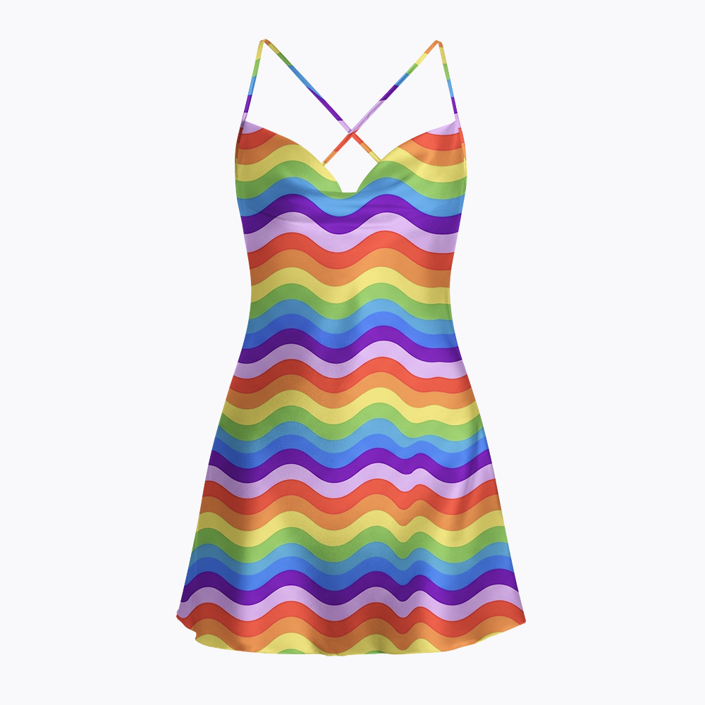 Rainbow Wave Satin Cross Back Mini Dresses