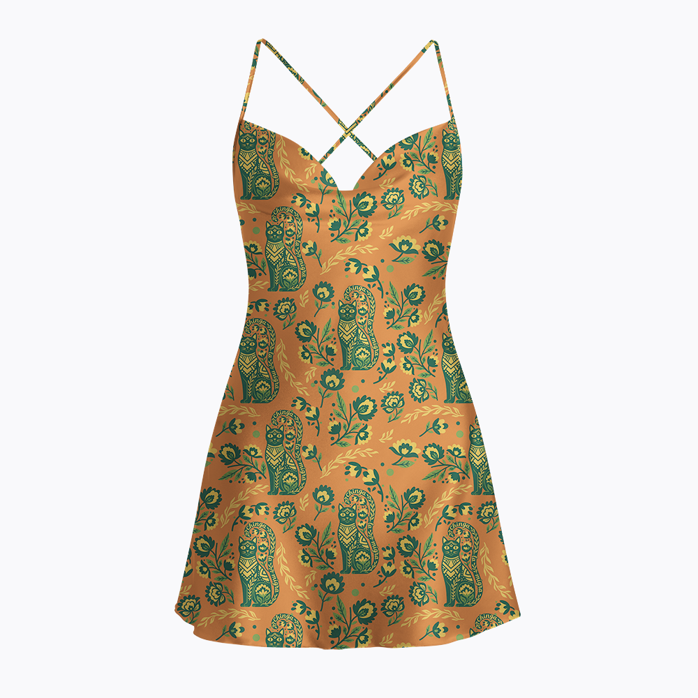 Subtle Chinga La Migra Cat Satin Cross Back Mini Dresses