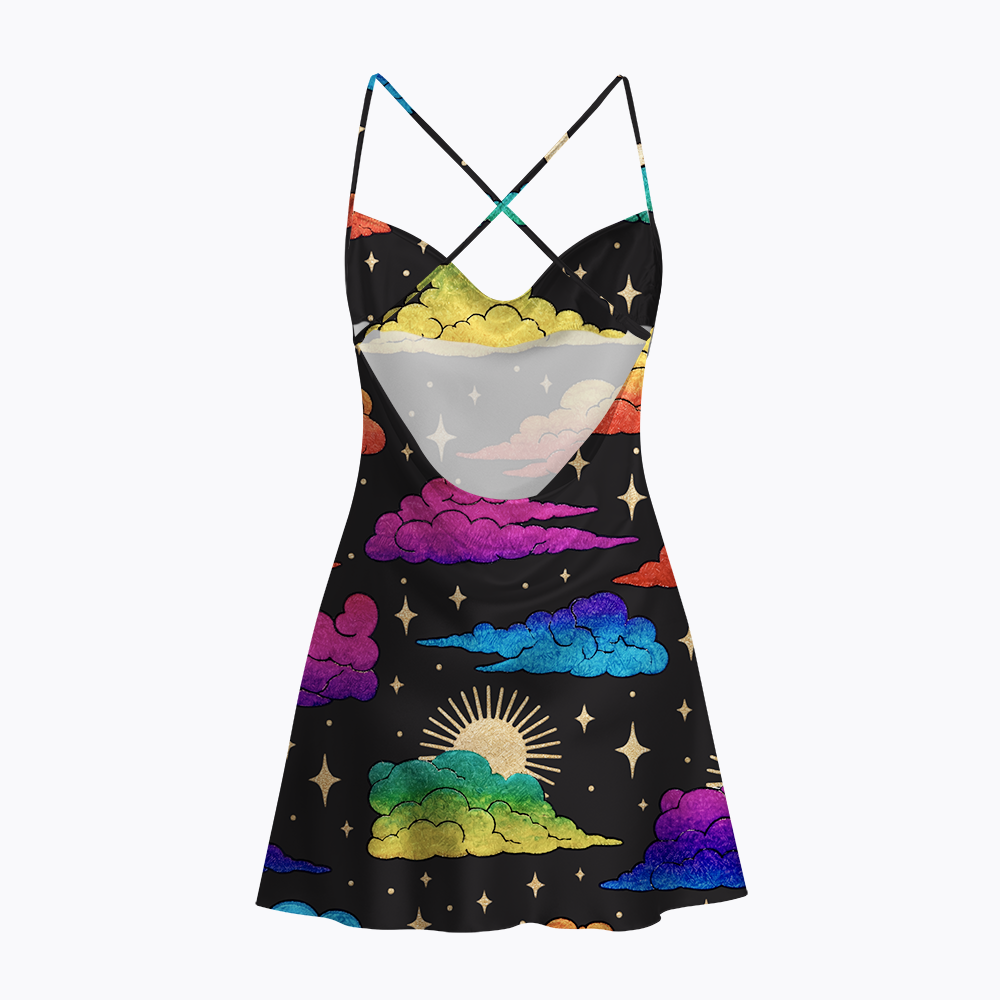LGBTQ Rainbow Cloud Moon Star Night Sky Satin Cross Back Mini Dresses