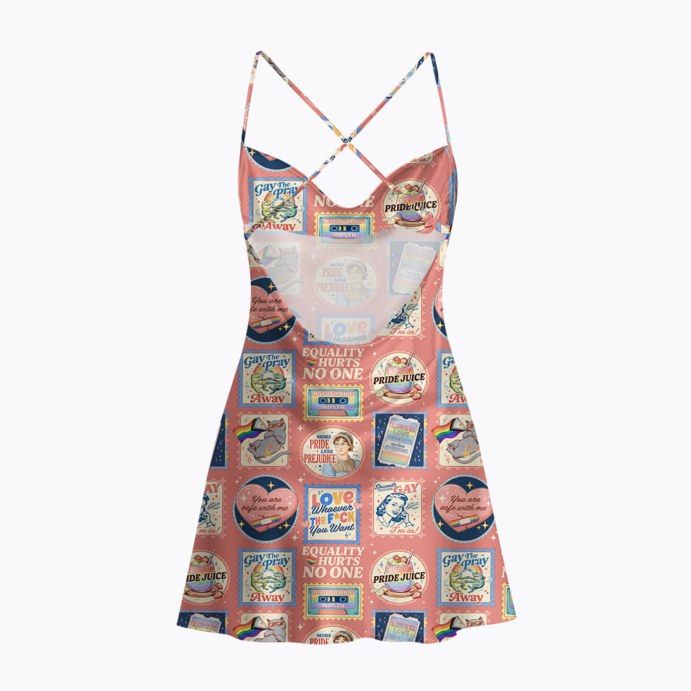 Pride Month LGBTQ Stamps Satin Cross Back Mini Dresses
