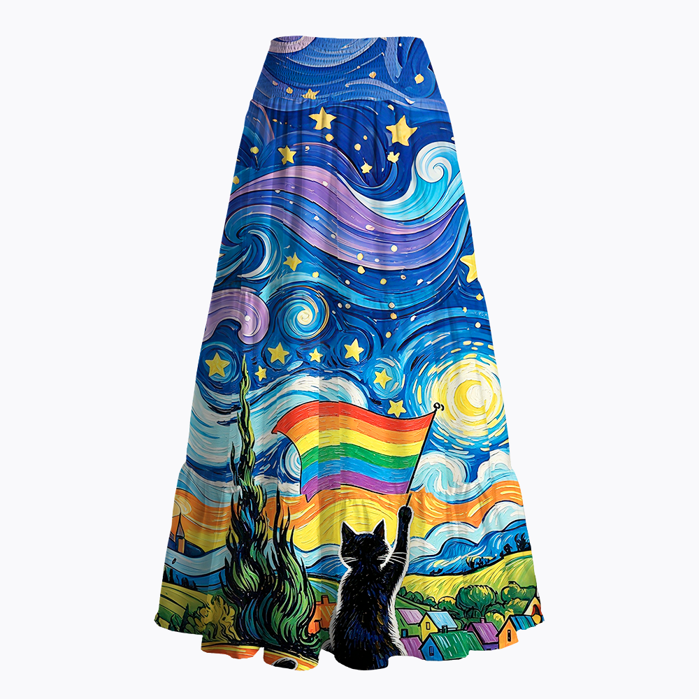 LGBTQ Star Night Impressionist Cat Maxi Skirt