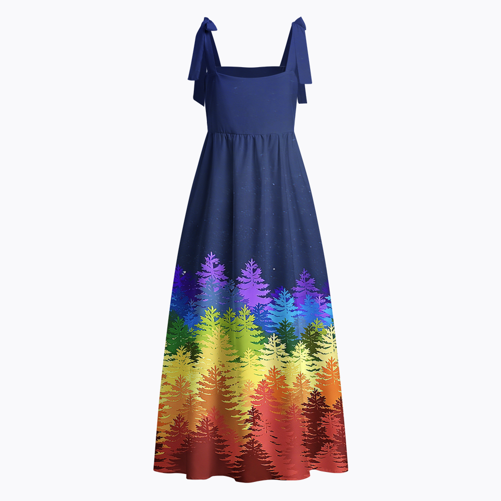 Gradient Rainbow Forest Starry Night Tie Shoulder Maxi Dress