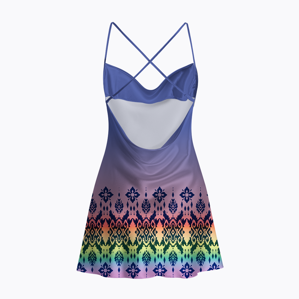 Rainbow Boho Border Pattern Satin Cross Back Mini Dresses