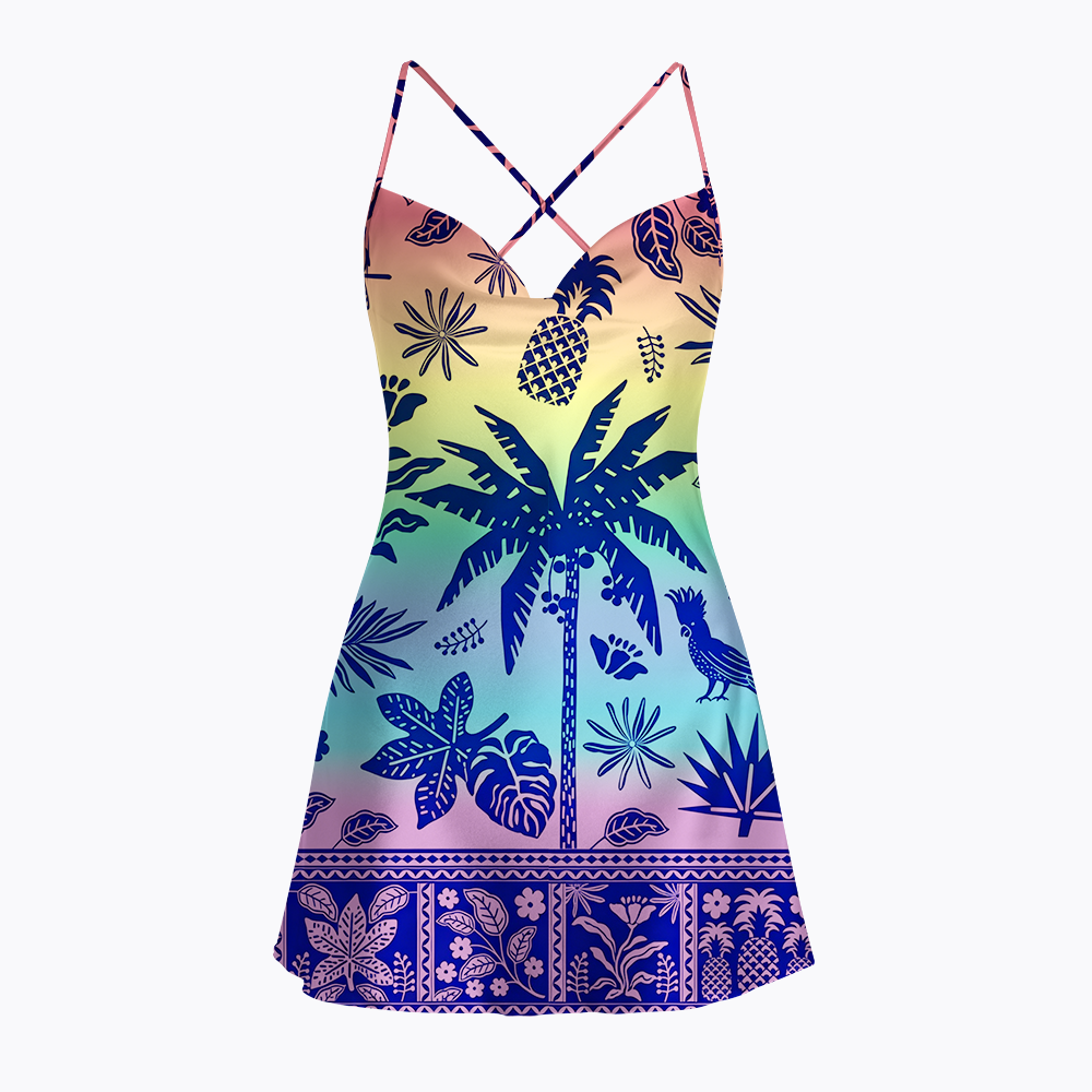 Tropical Botanical Rainbow LGBTQ Satin Cross Back Mini Dresses