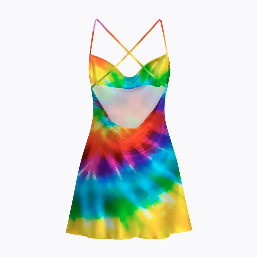 Tie Dye Rainbow Satin Cross Back Mini Dresses