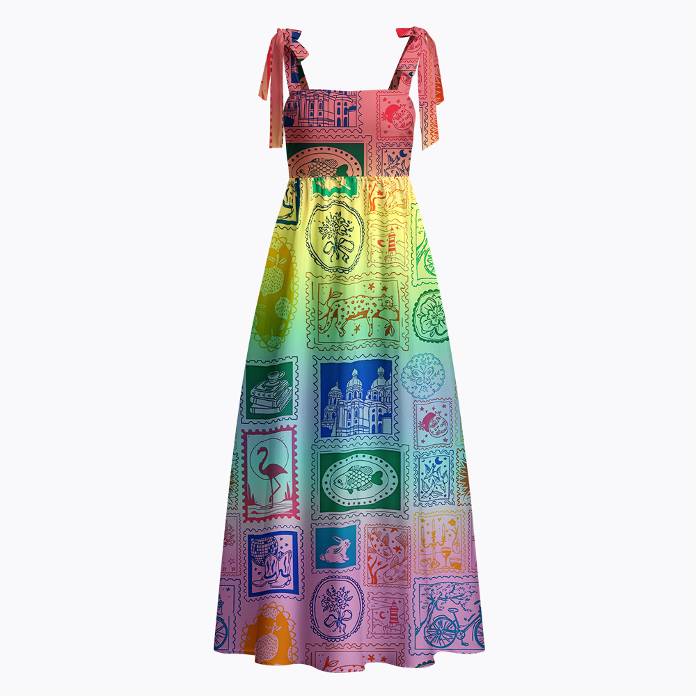 Vintage Postage Stamp Rainbow Tie Shoulder Maxi Dress