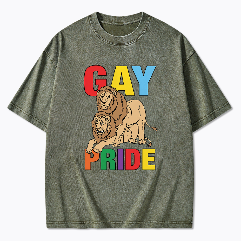 Funny Gay Pride Lion  Washed T-Shirt