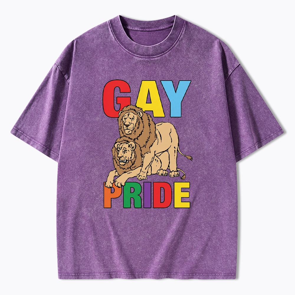 Funny Gay Pride Lion  Washed T-Shirt
