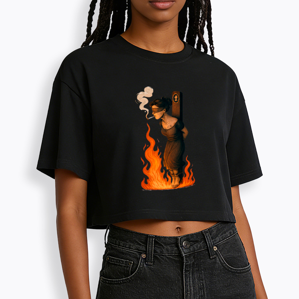 Witch Lighting Cigarette While Burning at the Stake Cropped T-Shirt