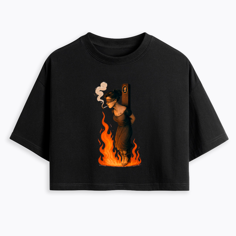 Witch Lighting Cigarette While Burning at the Stake Cropped T-Shirt