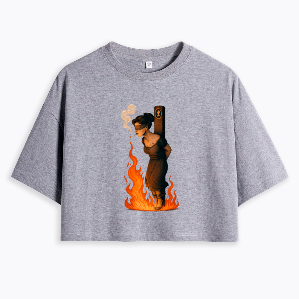 Witch Lighting Cigarette While Burning at the Stake Cropped T-Shirt
