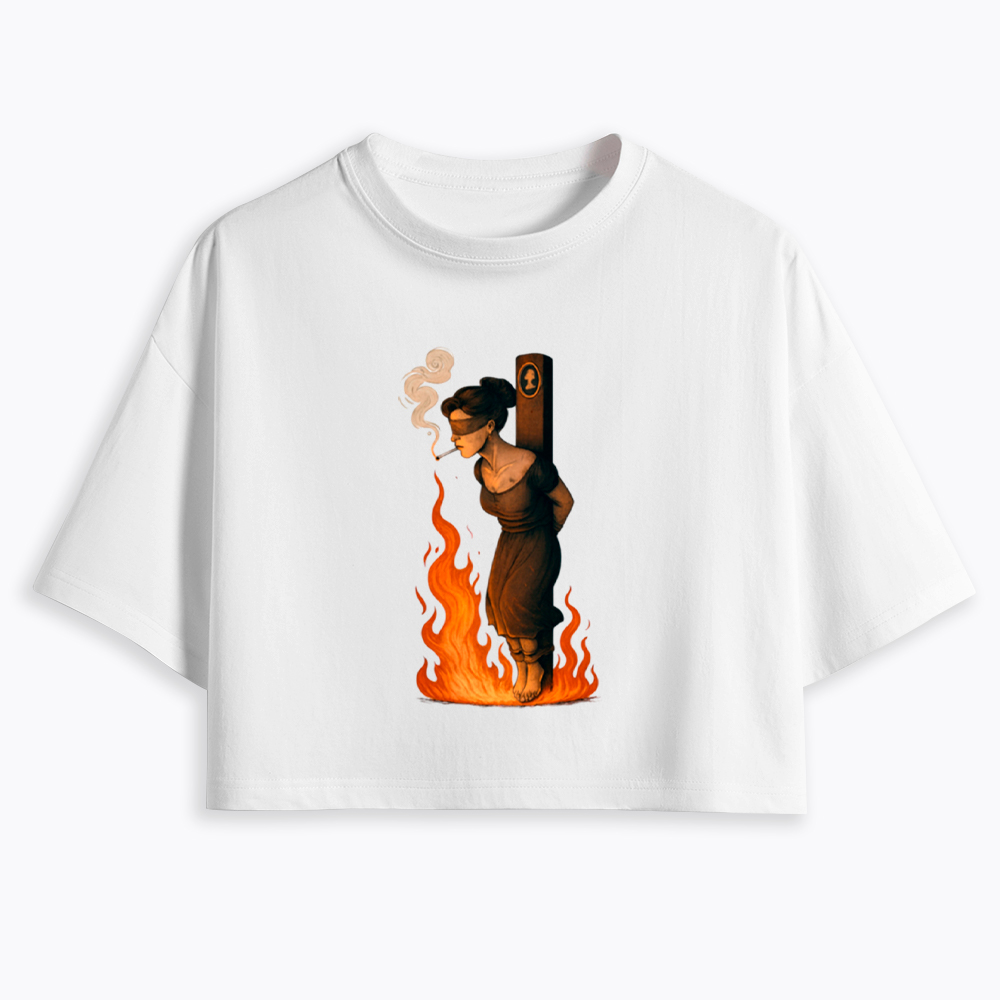 Witch Lighting Cigarette While Burning at the Stake Cropped T-Shirt