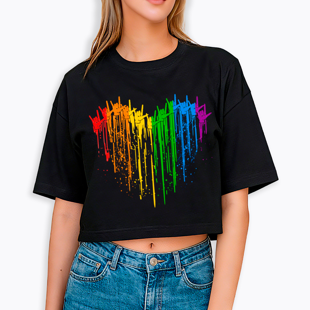 I Love You Hand Sign Rainbow Heart Cropped T-Shirt