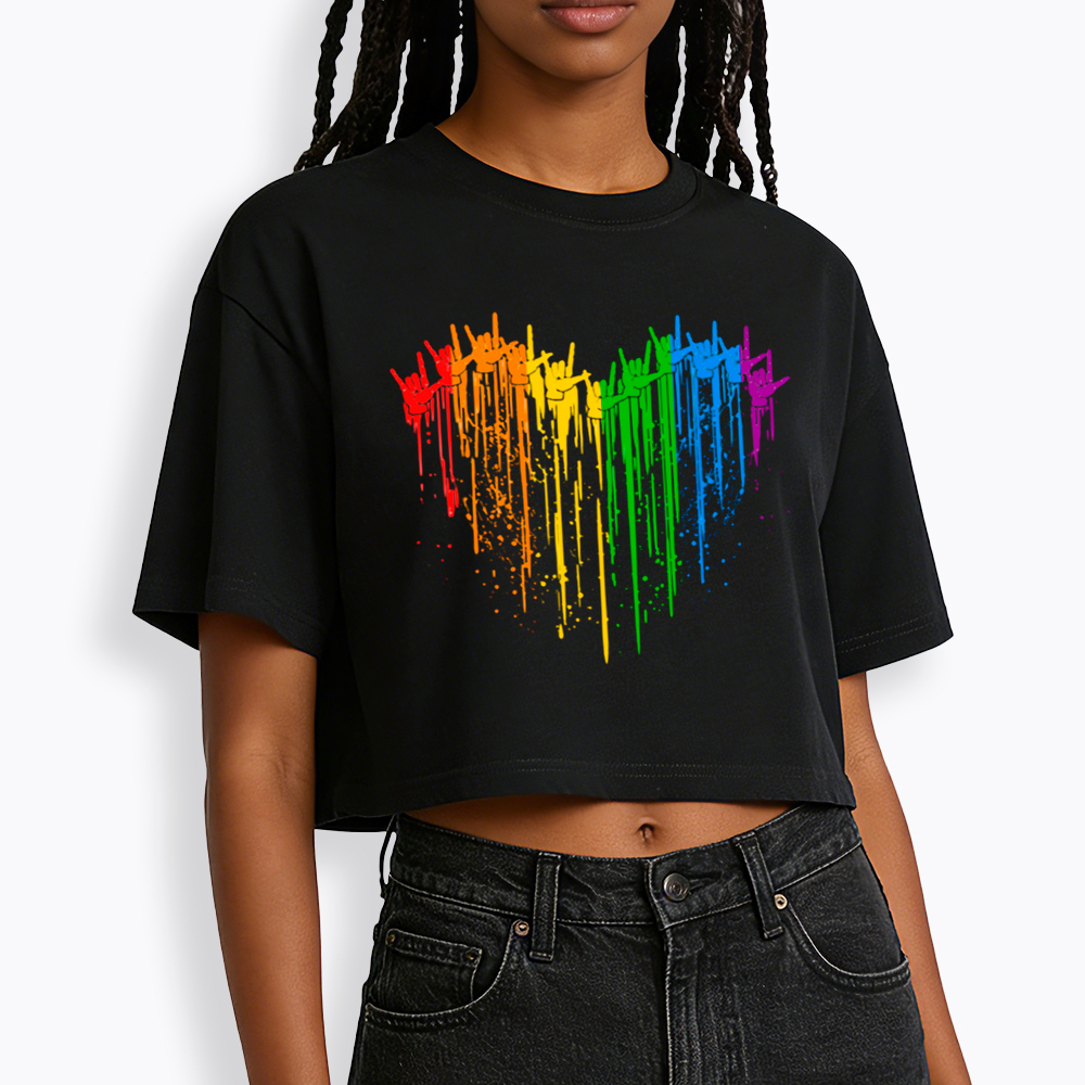 I Love You Hand Sign Rainbow Heart Cropped T-Shirt