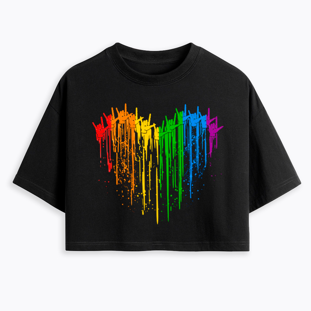I Love You Hand Sign Rainbow Heart Cropped T-Shirt