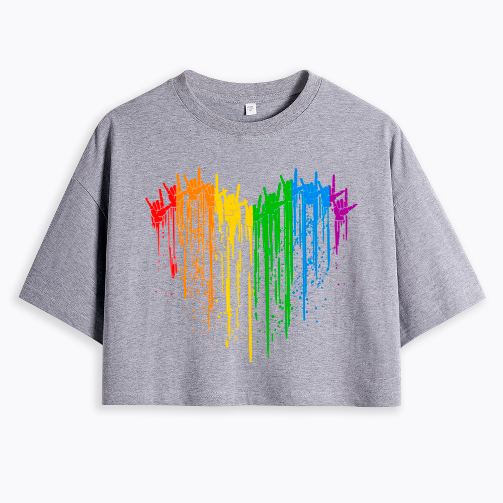 I Love You Hand Sign Rainbow Heart Cropped T-Shirt