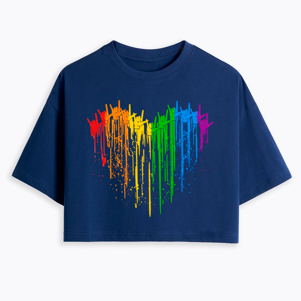 I Love You Hand Sign Rainbow Heart Cropped T-Shirt