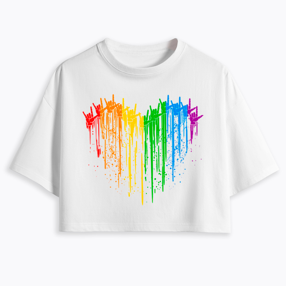 I Love You Hand Sign Rainbow Heart Cropped T-Shirt