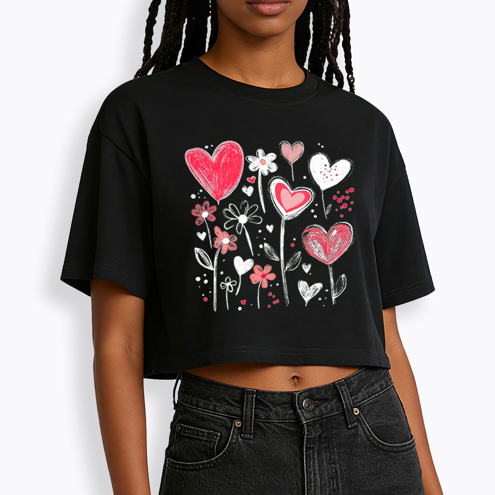 Colorful Heart Flower Cropped T-Shirt