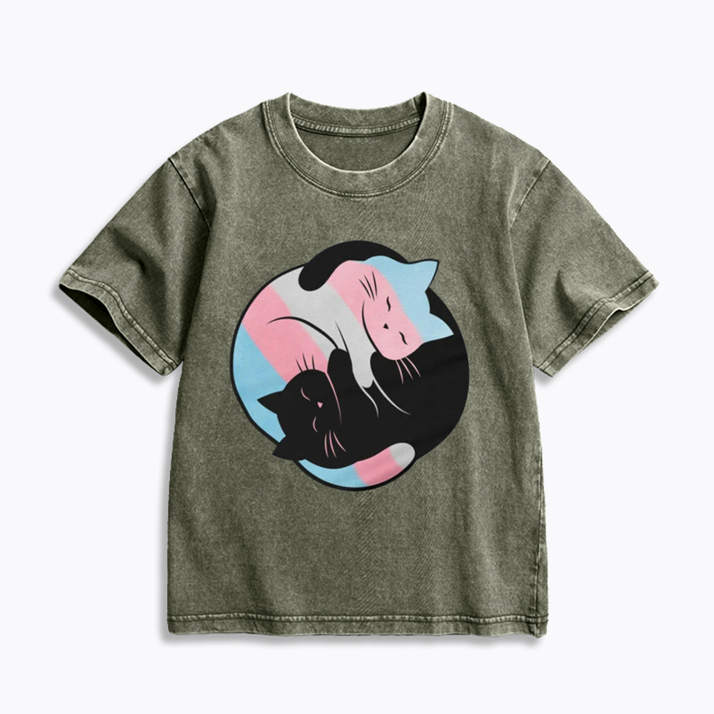Yin Yang Cat Kids Washed T-Shirts
