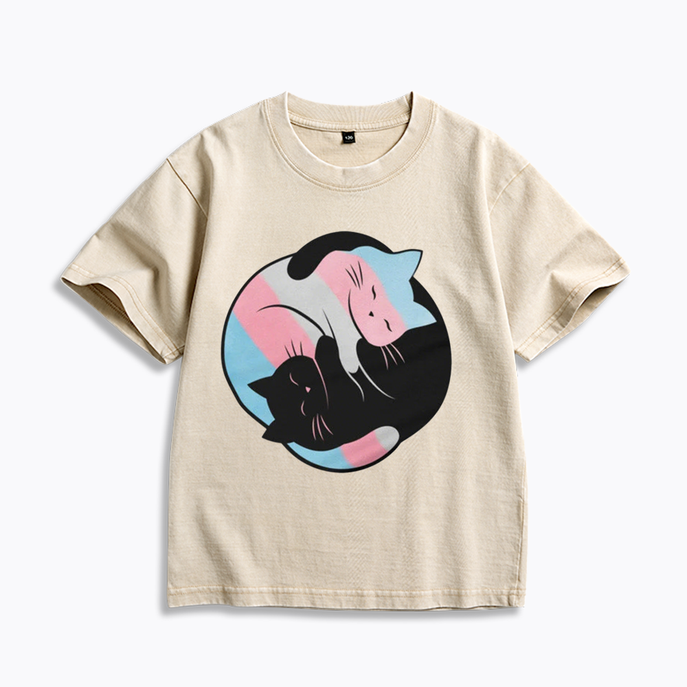 Yin Yang Cat Kids Washed T-Shirts