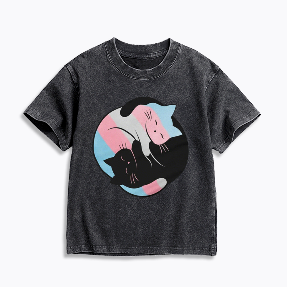 Yin Yang Cat Kids Washed T-Shirts