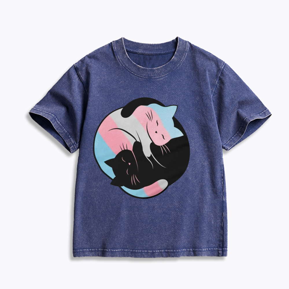Yin Yang Cat Kids Washed T-Shirts