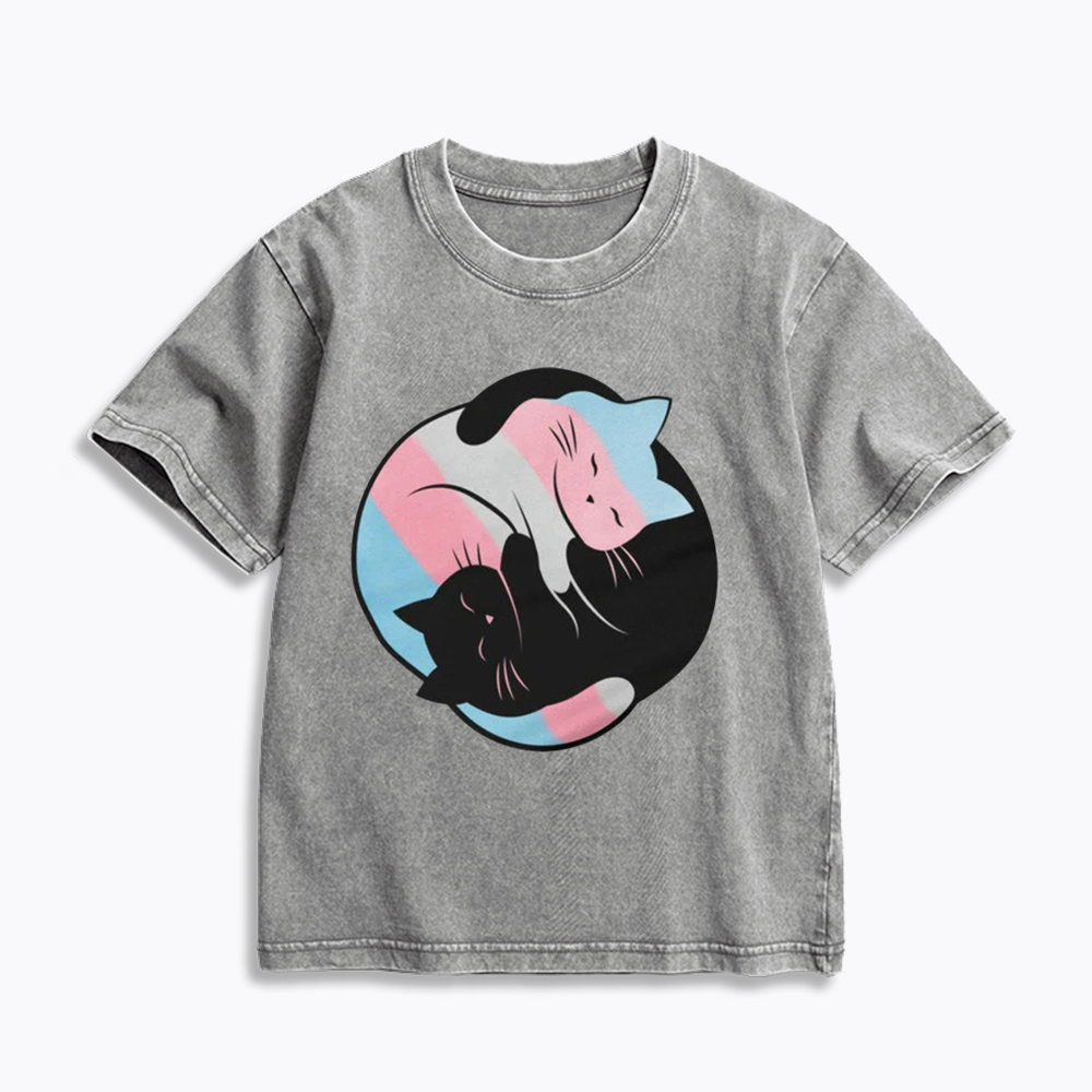 Yin Yang Cat Kids Washed T-Shirts