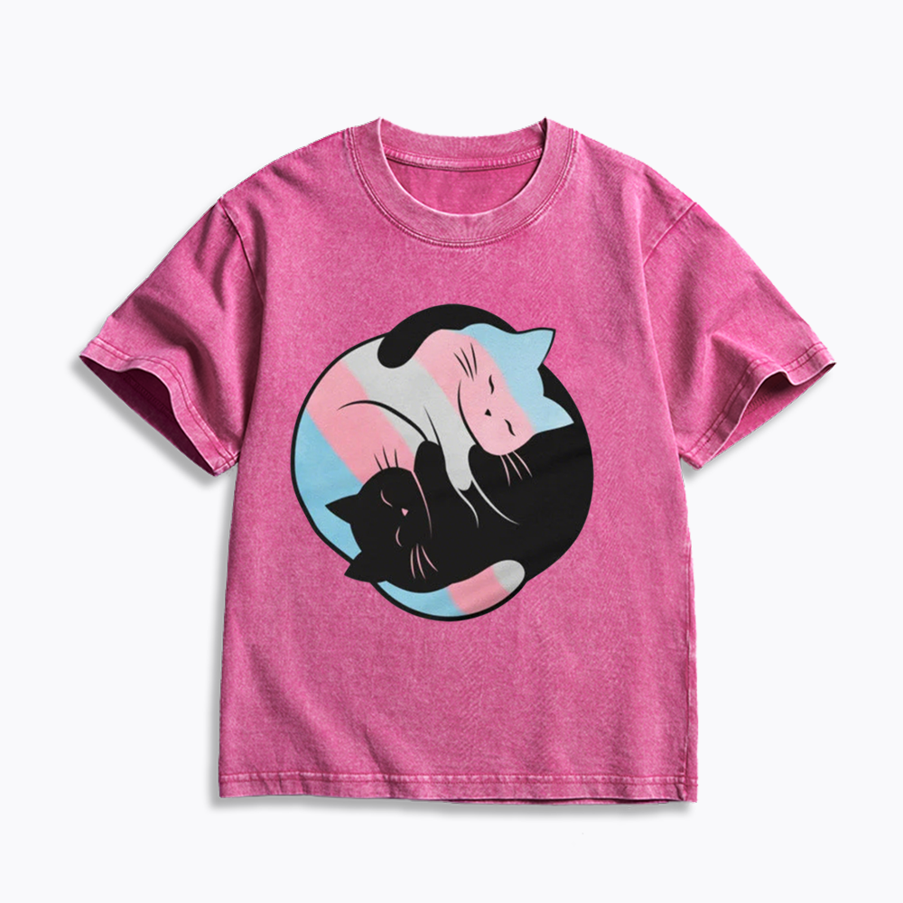 Yin Yang Cat Kids Washed T-Shirts