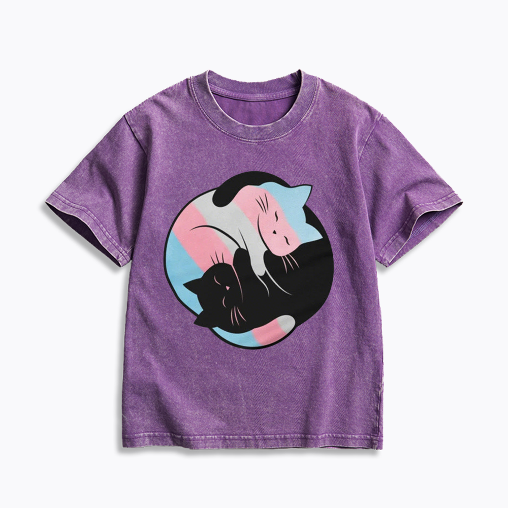 Yin Yang Cat Kids Washed T-Shirts