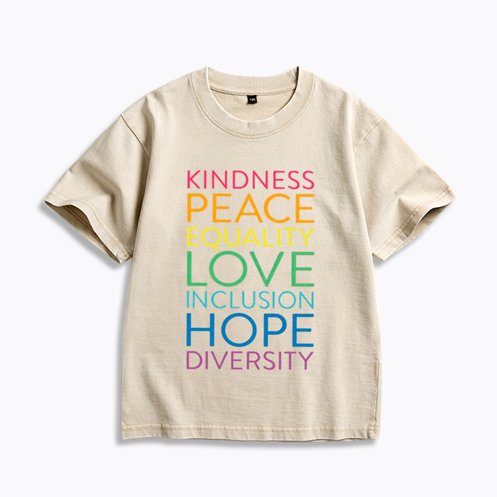 Kindness Peace Love Equality Inclusion Hope Diversity Be Kind Kids Washed T-Shirt