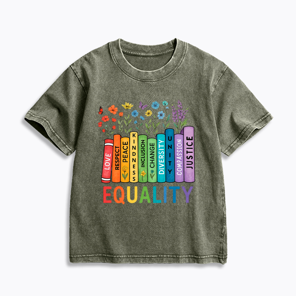 Equal Rights Book Flower Social Justice Love Kindness Kids Washed T-Shirt