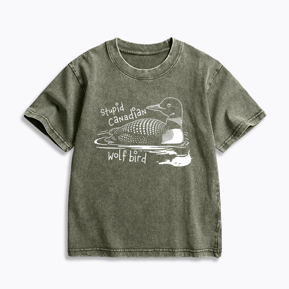 Stupid Canadian Wolf Bird Kids Washed T-Shirts
