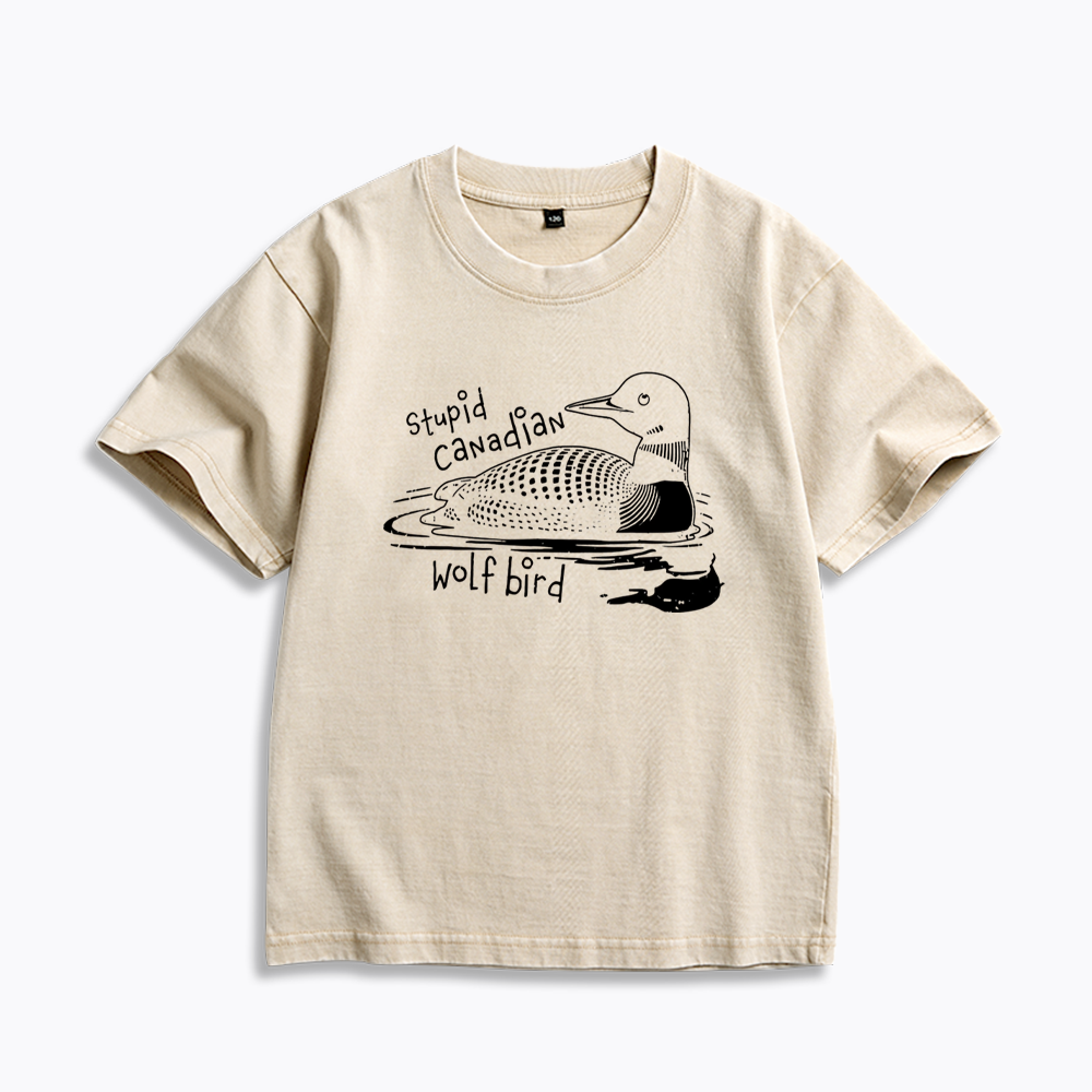 Stupid Canadian Wolf Bird Kids Washed T-Shirts
