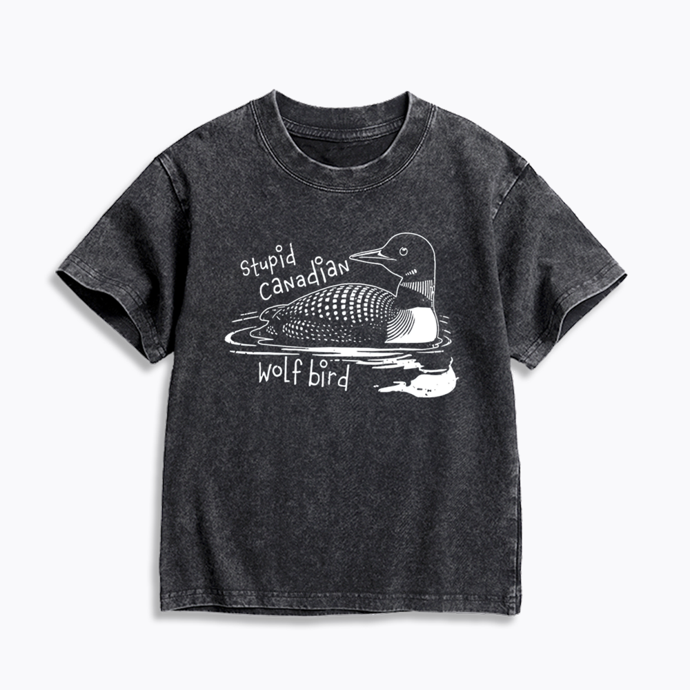 Stupid Canadian Wolf Bird Kids Washed T-Shirts