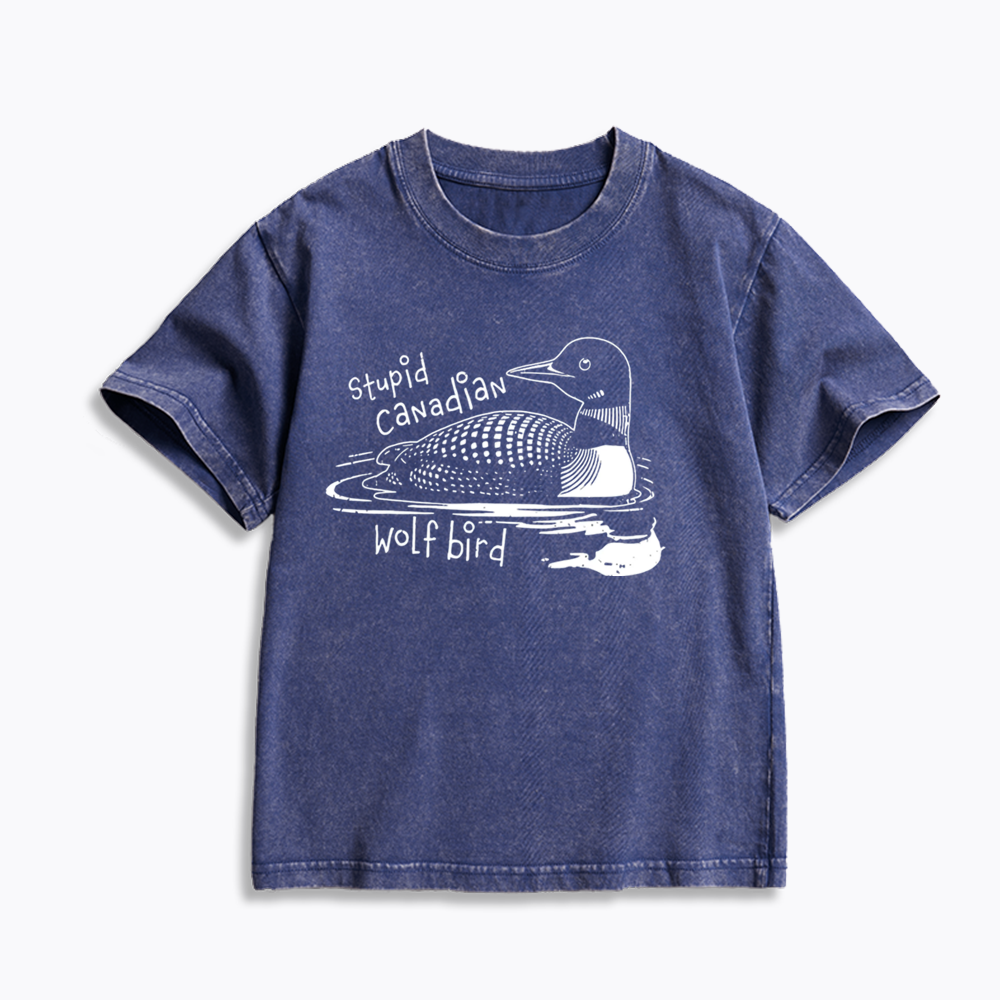 Stupid Canadian Wolf Bird Kids Washed T-Shirts