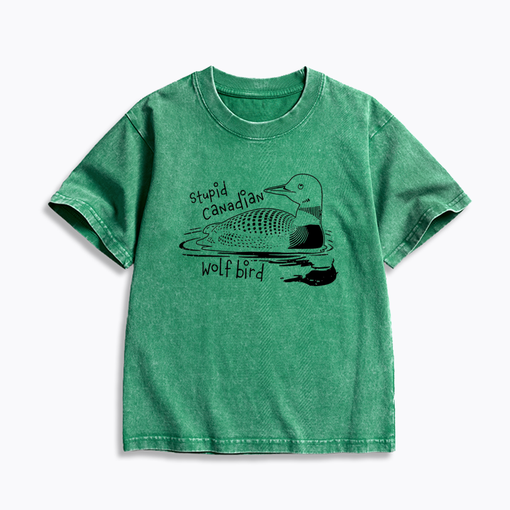 Stupid Canadian Wolf Bird Kids Washed T-Shirts