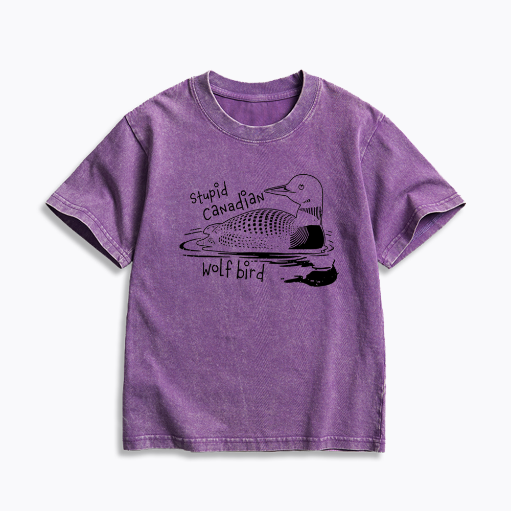 Stupid Canadian Wolf Bird Kids Washed T-Shirts