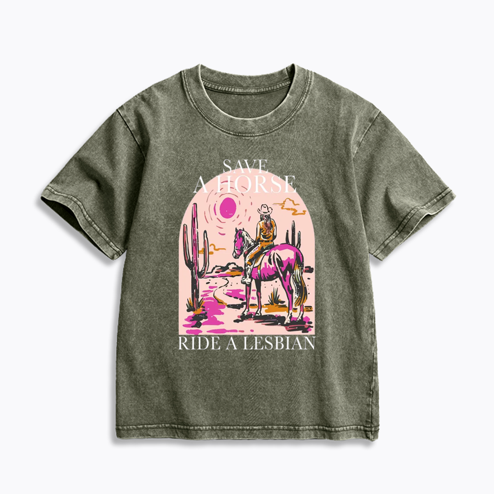 Save A Horse Ride A Lesbian Kids Washed T-Shirts