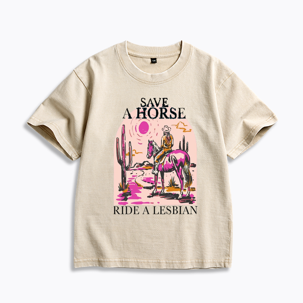 Save A Horse Ride A Lesbian Kids Washed T-Shirts