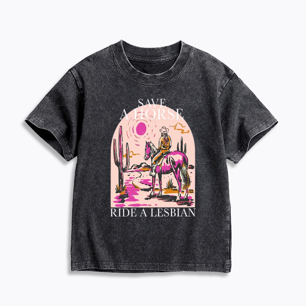 Save A Horse Ride A Lesbian Kids Washed T-Shirts