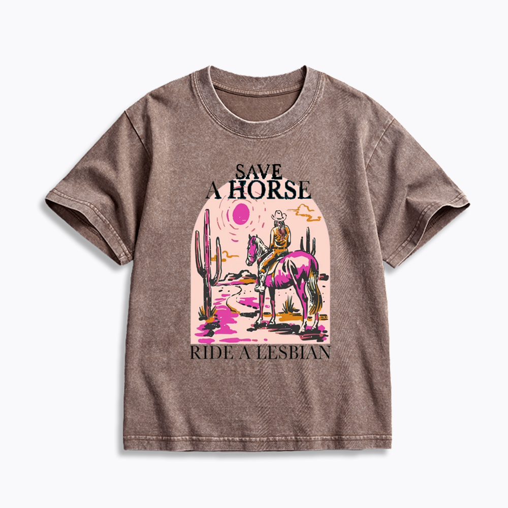 Save A Horse Ride A Lesbian Kids Washed T-Shirts