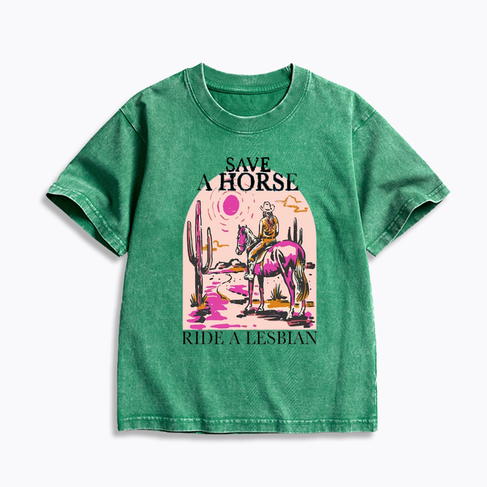 Save A Horse Ride A Lesbian Kids Washed T-Shirts