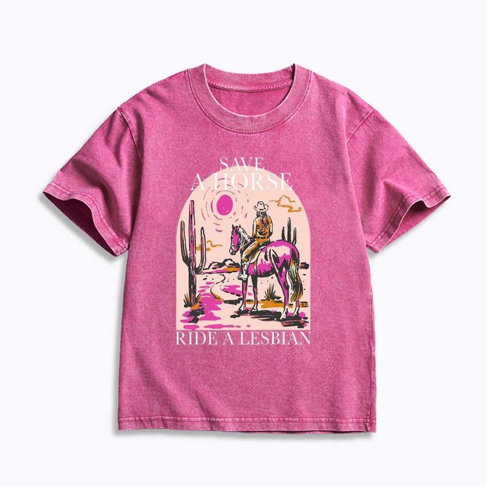 Save A Horse Ride A Lesbian Kids Washed T-Shirts